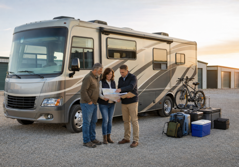 Kansas RV travelers review cross-country routes and best RV insurance coverage beside a motorhome.