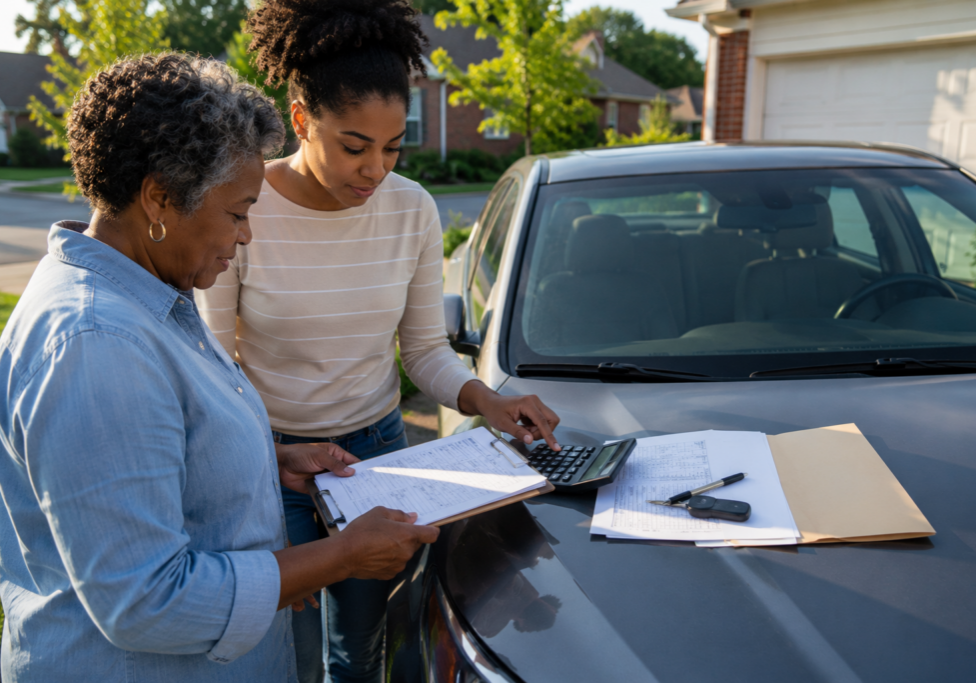Kansas driver reviewing car insurance solutions beside a vehicle at home.