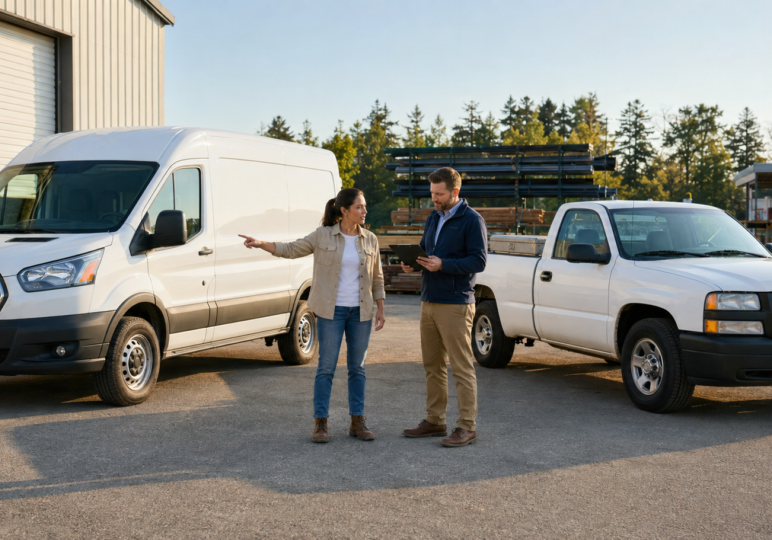 Small-business owner reviewing commercial auto insurance plans for a work van and pickup.
