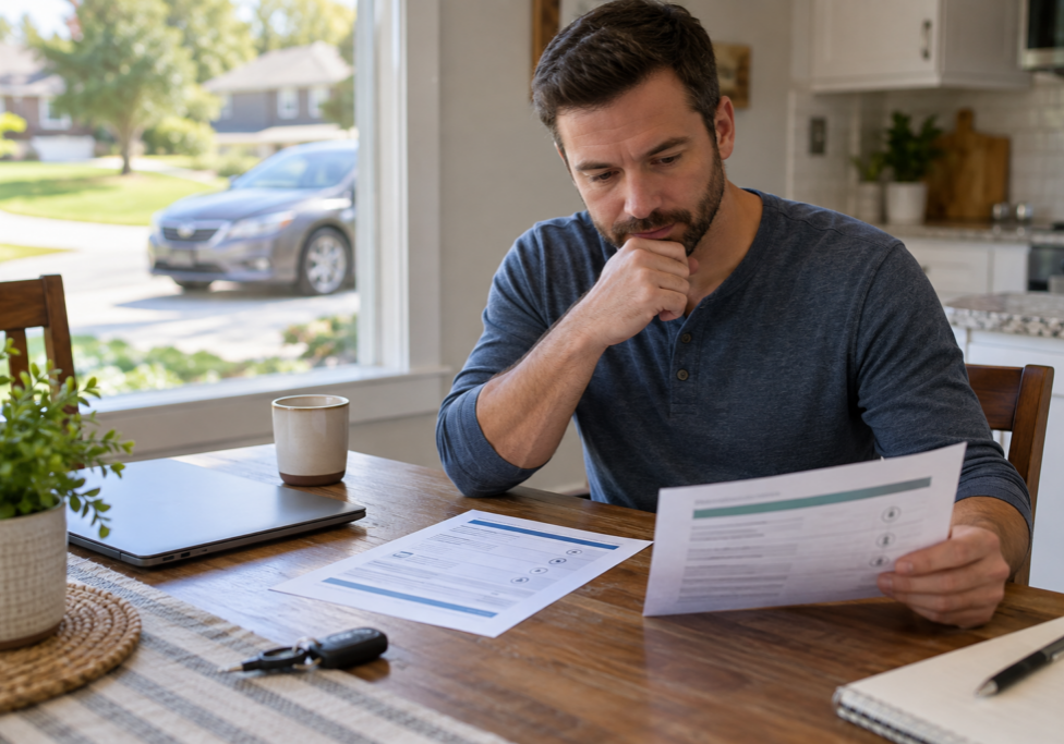 Driver reviewing car insurance coverage and monthly costs at a kitchen table.