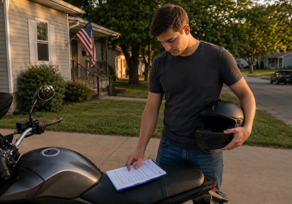 New Kansas motorcycle rider reviewing insurance coverage before taking a bike on the road.