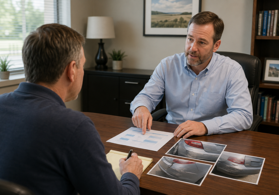Insurance agent explaining post-accident coverage to a Kansas City-area driver Image Title: Trusted Car Insurance Company Guidance After an Accident.